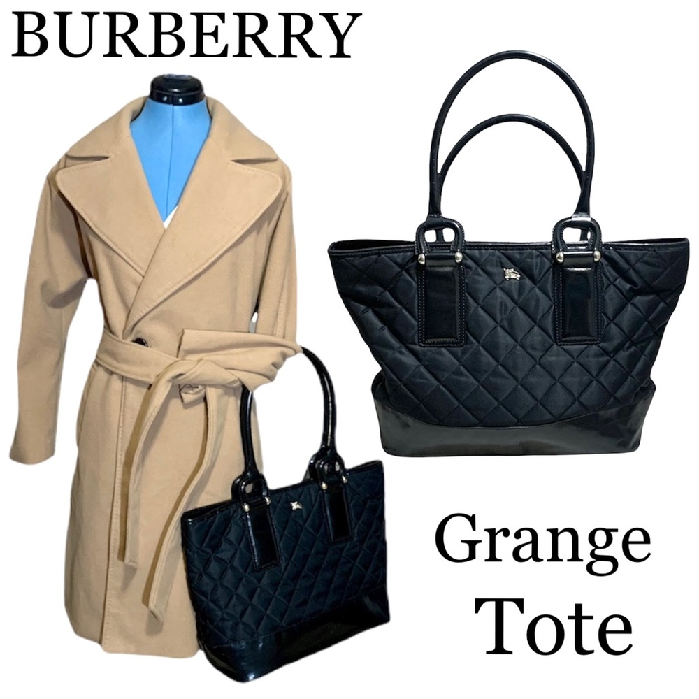 BURBERRY Grange Large Tote Bag Black Quilted Nylon with Patent Leather Trim